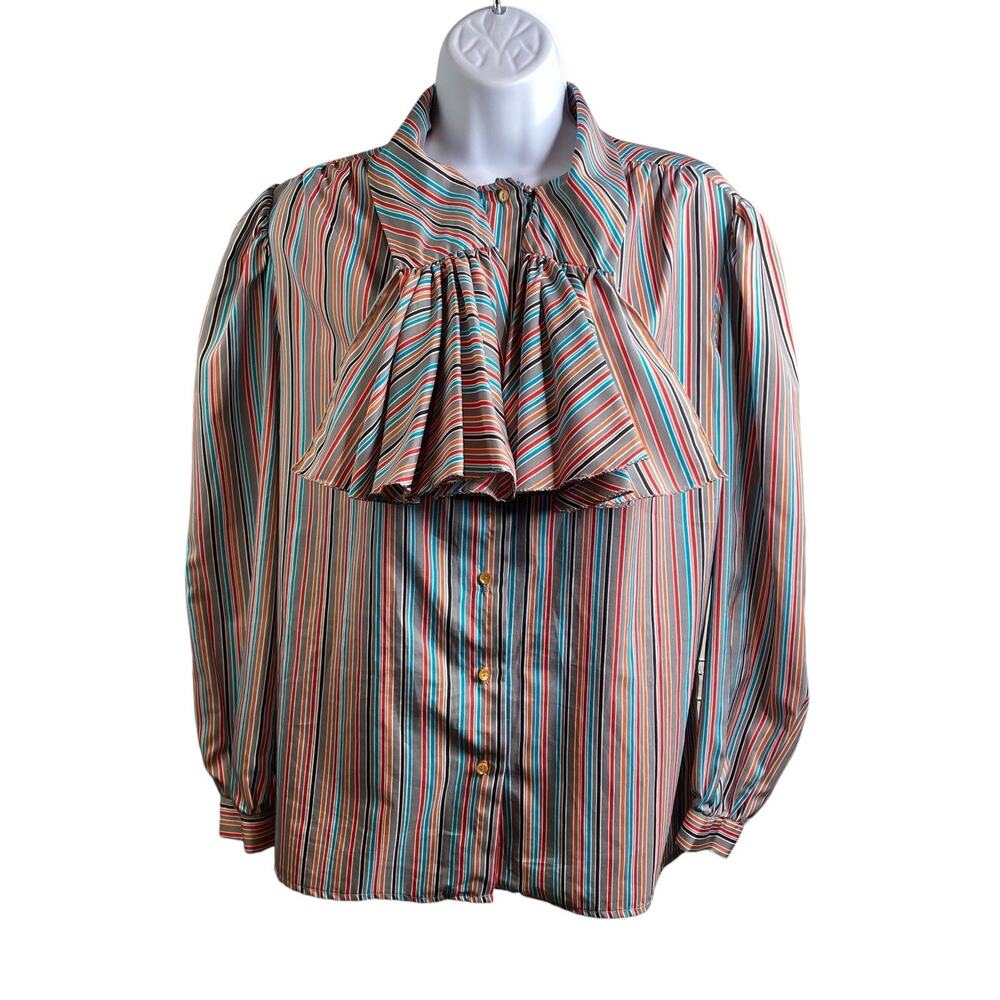 VTG 80s CONTESSA MONIQUE Florence Alper Striped Ruffle‎ Blouse Sz 14 Secretary